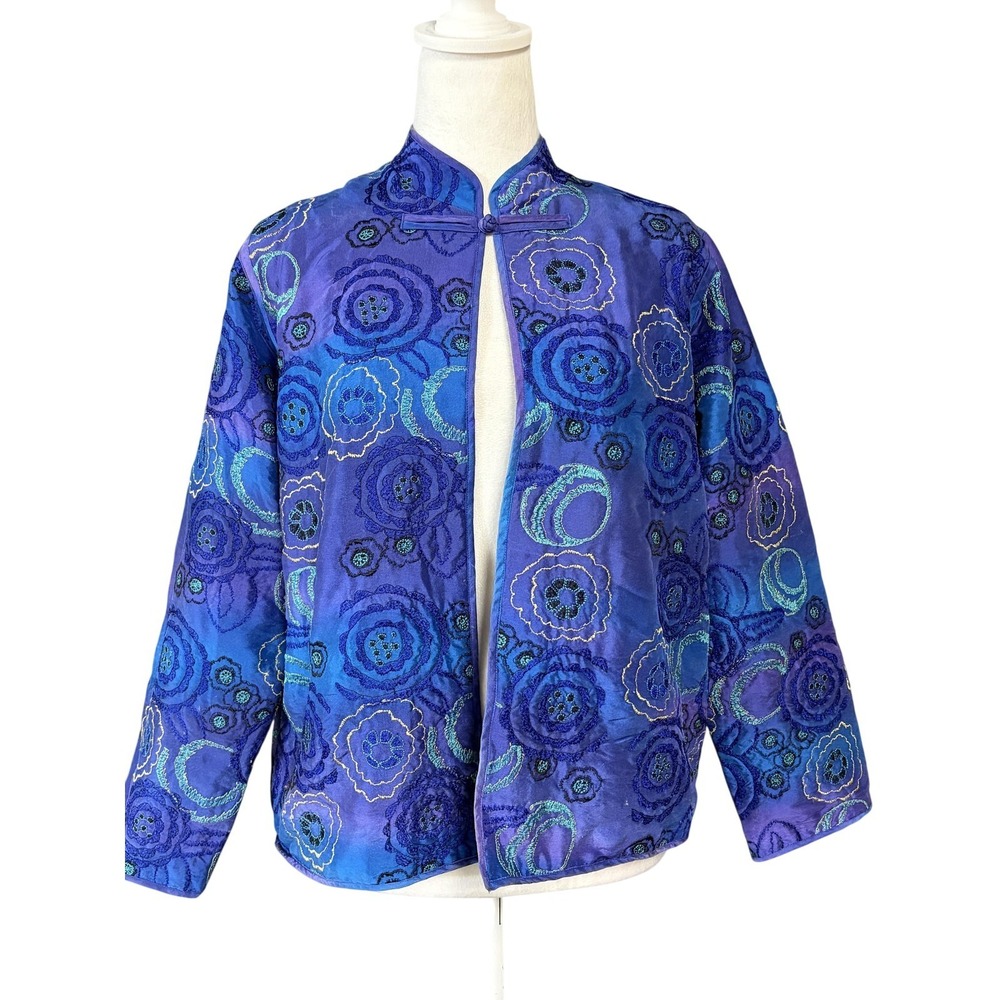 Chico's Jacket Womens 1 Blue Silk Embroidered Floral Mandarin Collar Lined
